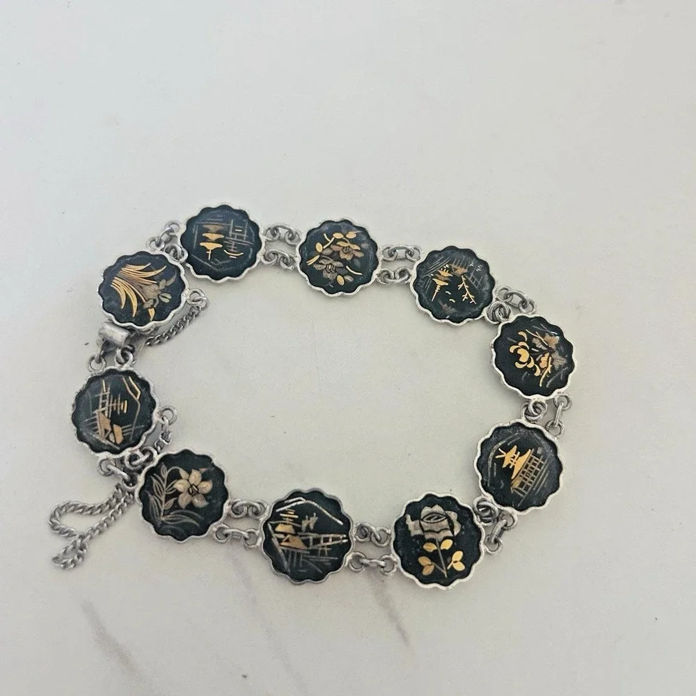Vintage Japanese Damascene KOMAI Bracelet‎ Linked Gold & Silver Inlays 10 Scenes